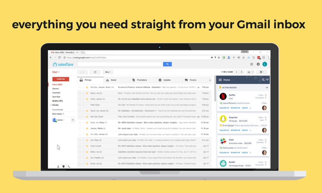 Laptop displaying Salesflare's Gmail inbox integration, showing emails organized by action needed.
