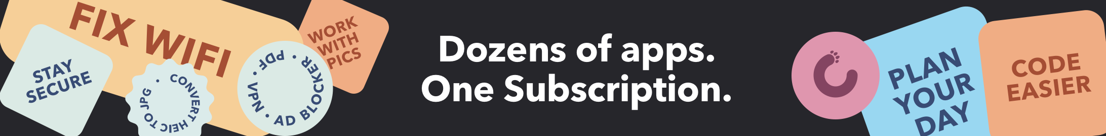 Setapp: Dozens of apps, one subscription. Graphic showcasing app features.