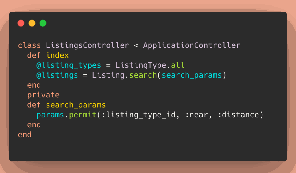 Rails code example: multi-filter search using Geocoder, permitting listing type ID, location (near), and distance.