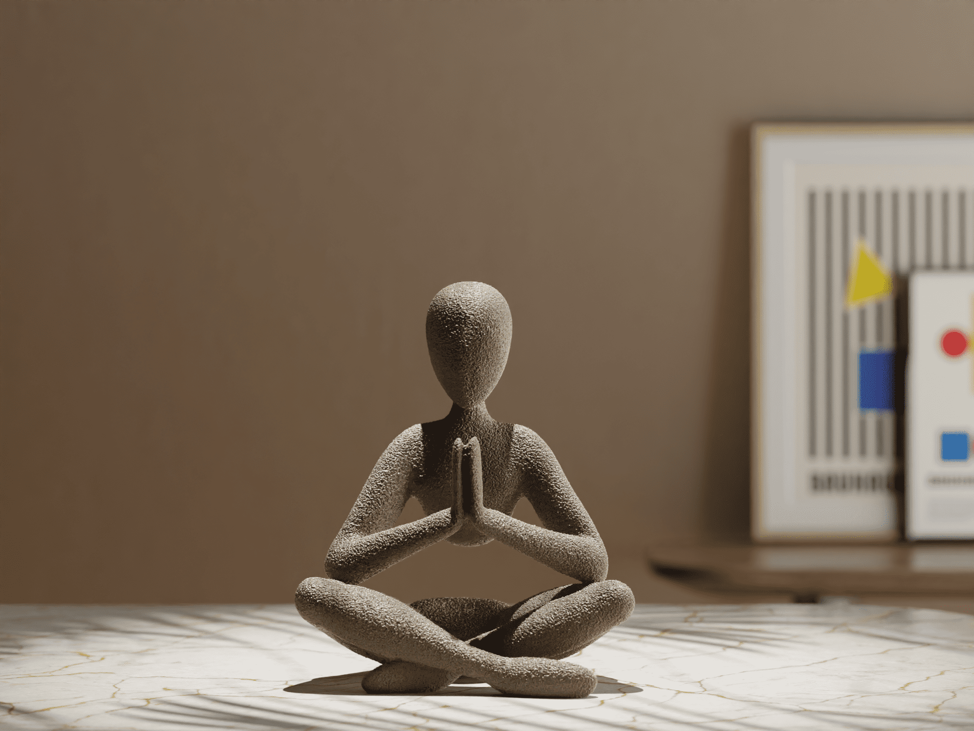 Stone figure in lotus position, hands in prayer. NObody prayer statue.