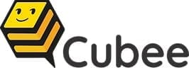 Cubee logo featuring a yellow hexagon with a smiling face and talk bubble shape.